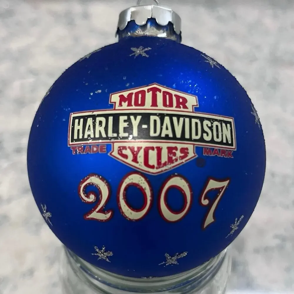 2007 Harley Davidson Starry Blue Biker Santa Glass Ball Christmas Ornament